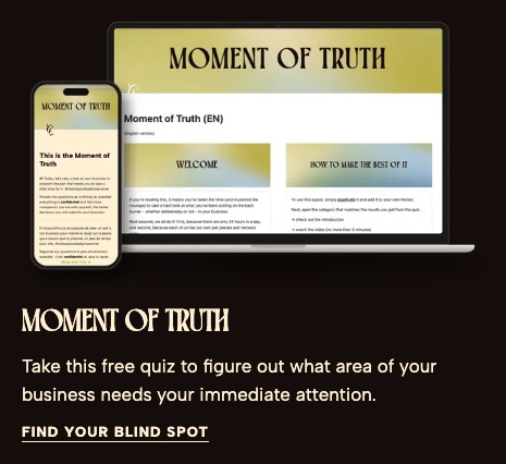 Moment of Truth, a free quiz shown on a laptop and a phone, with the line “Find your blind spot”