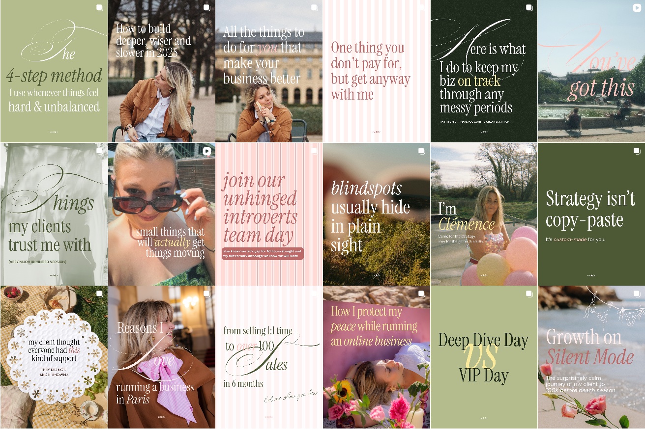 Grid of Espiègle Instagram posts mixing portraits and editorial quote graphics in sage and pink