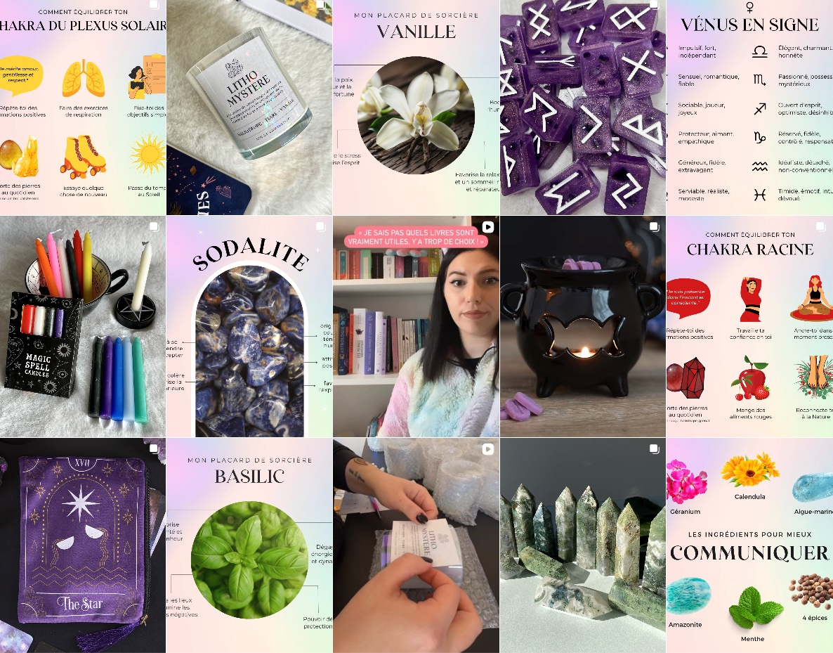 Grid of Ma Box Ensorcelée Instagram posts showing candles, stones, runes and educational graphics
