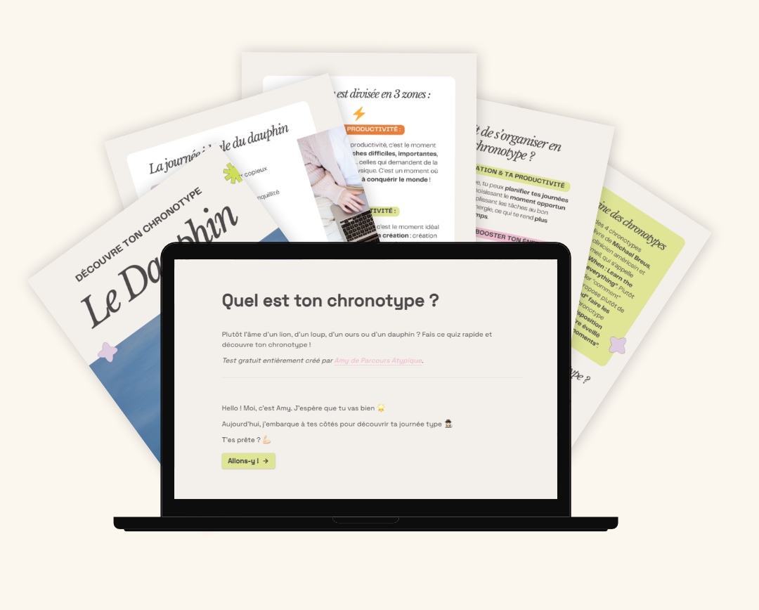 “Quel est ton chronotype ?”, a free quiz shown on a laptop, surrounded by its result pages