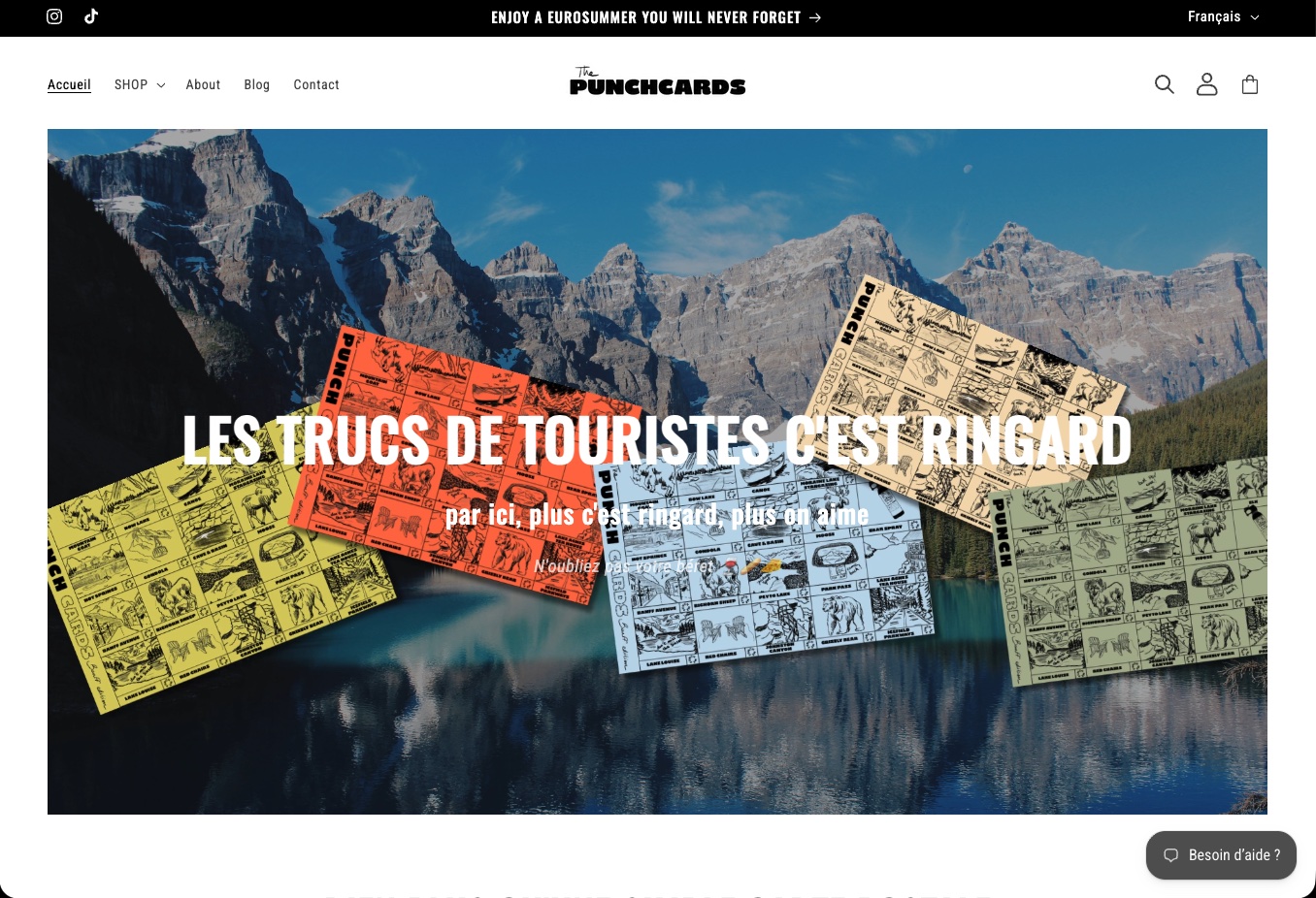 The Punchcards homepage: colourful punchcards laid over a mountain lake, with the headline “Les trucs de touristes c’est ringard”
