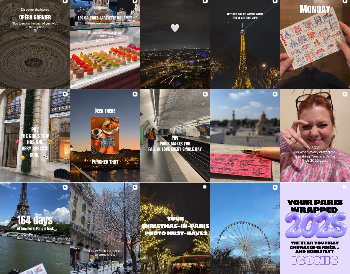 Grid of The Punchcards social videos showing Paris landmarks and punchcards in use