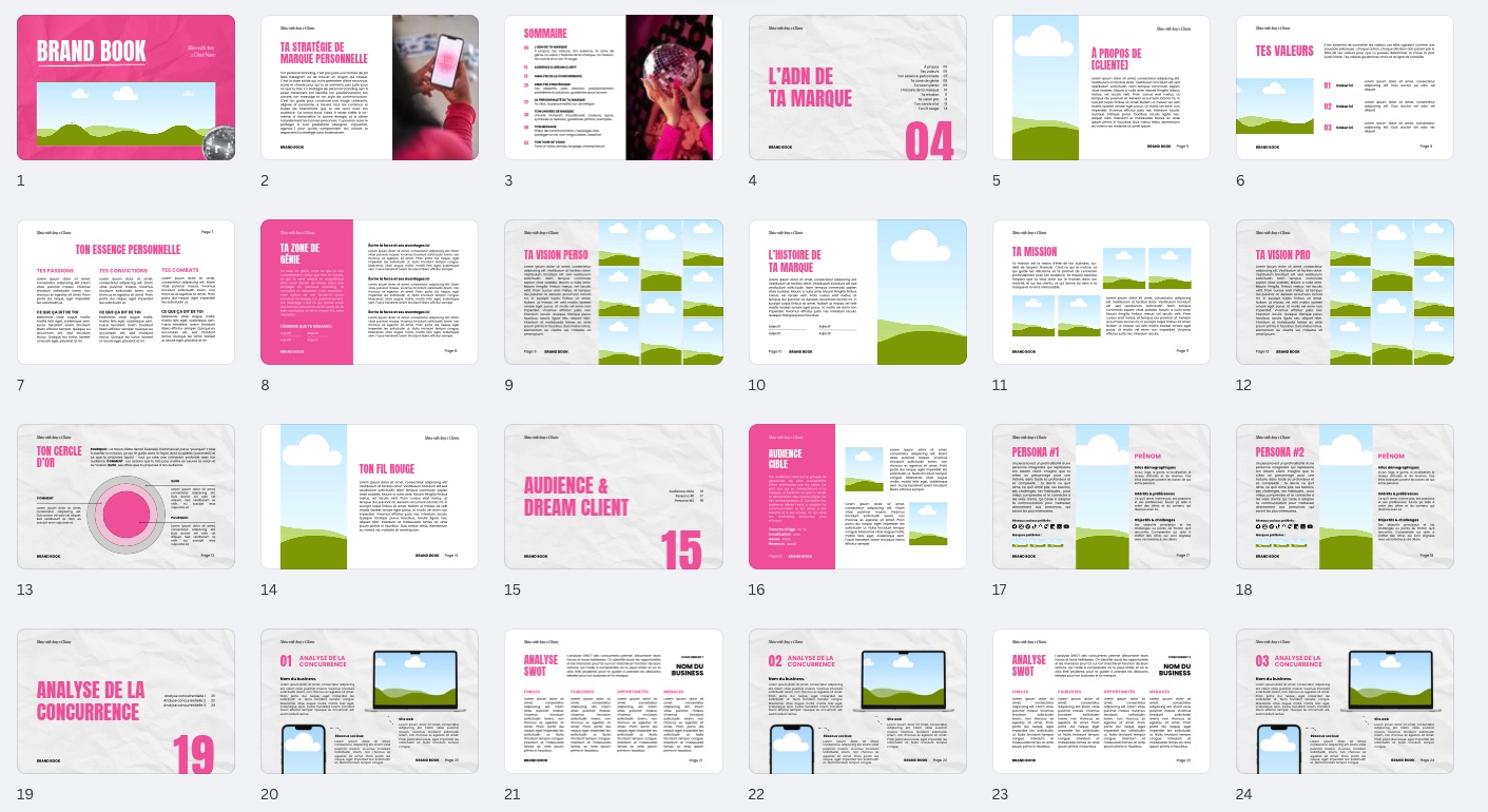 Spreads from the Brand Book, a French pink workbook on personal brand strategy