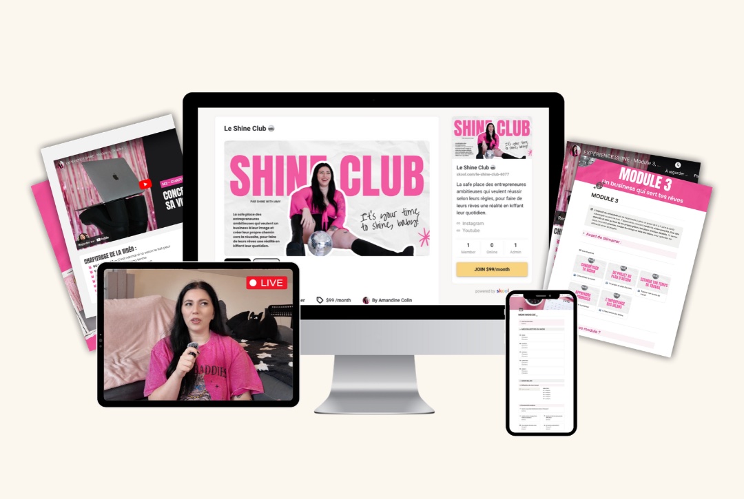 Le Shine Club shown on a desktop screen, with a live masterclass on a tablet, workbook pages and a phone