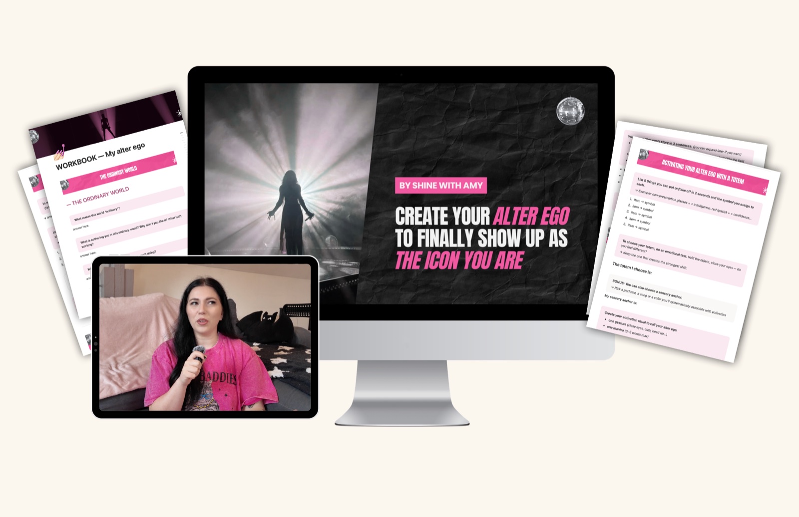 “Create your alter ego” masterclass shown on a desktop screen, with a live session on a tablet and workbook pages