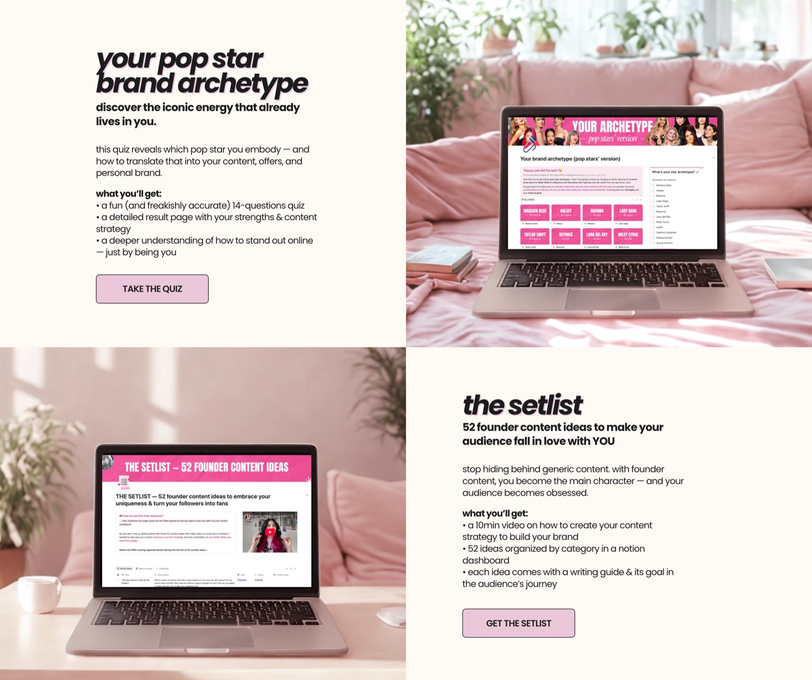 Two digital products shown on laptops: the Pop Star Brand Archetype quiz and The Setlist, 52 founder content ideas