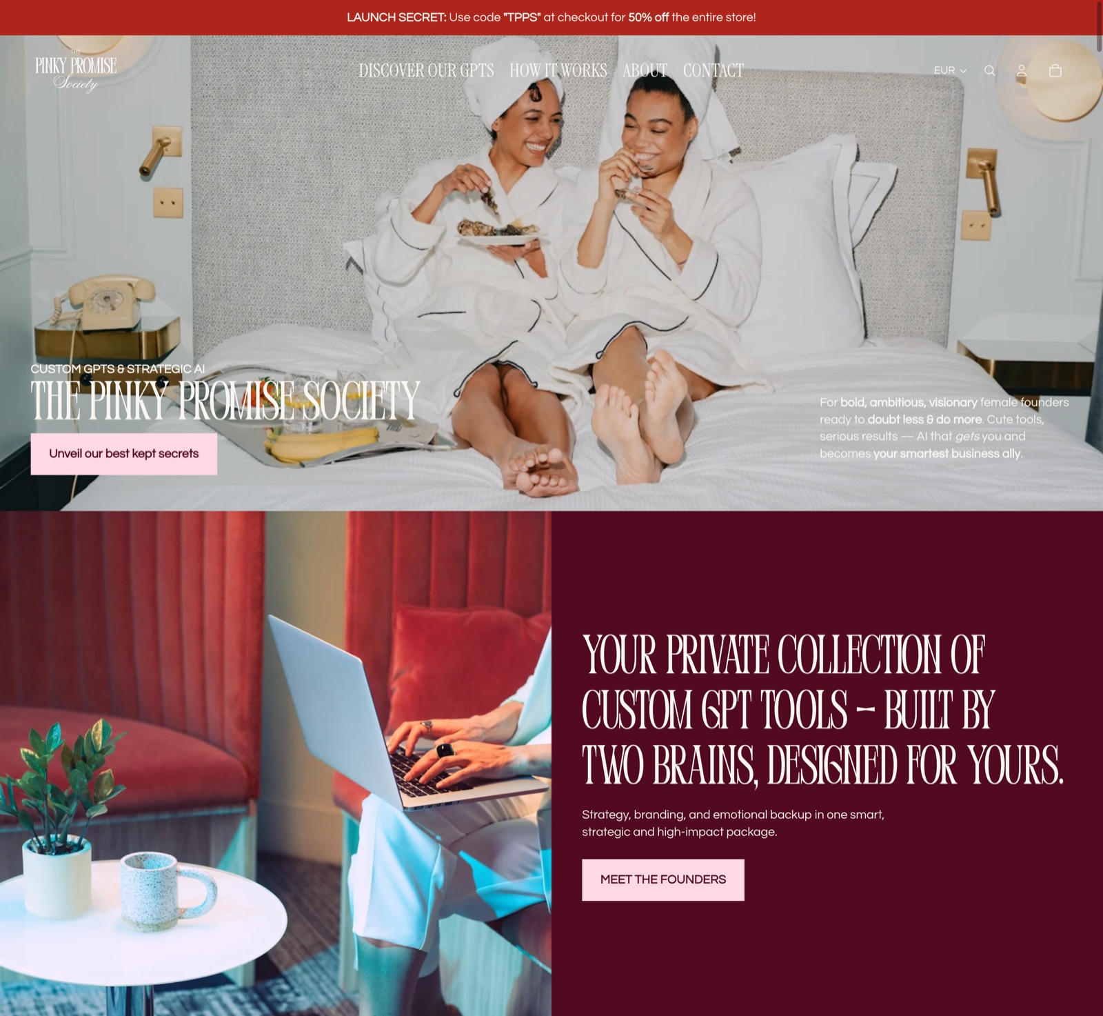 The Pinky Promise Society homepage: two women in bathrobes sharing cake on a hotel bed, then the line “Your private collection of custom GPT tools”