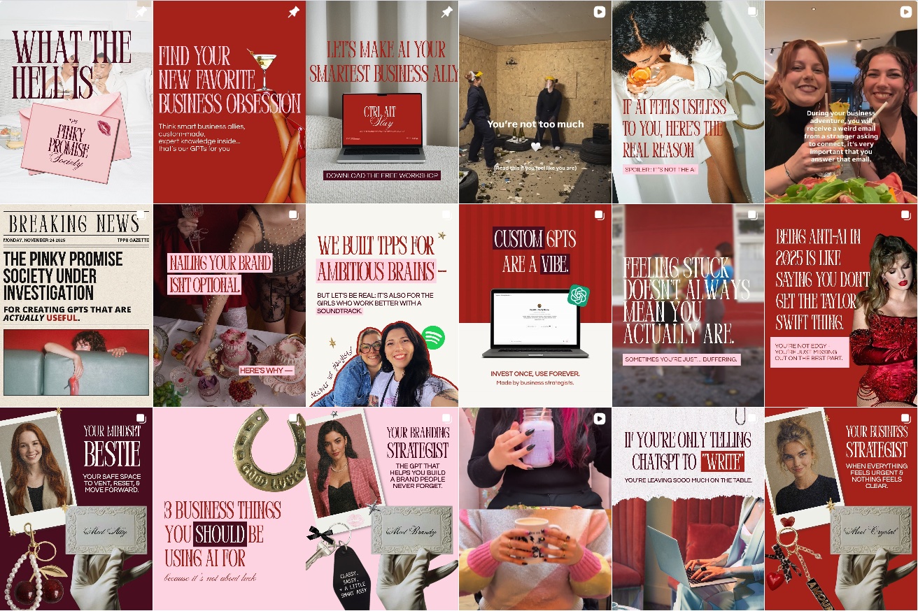 Grid of The Pinky Promise Society Instagram posts in burgundy, red and pink