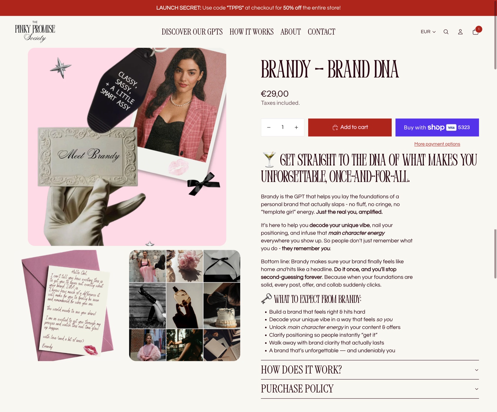 Shop page for Brandy, the Brand DNA custom GPT, with its pink collage artwork