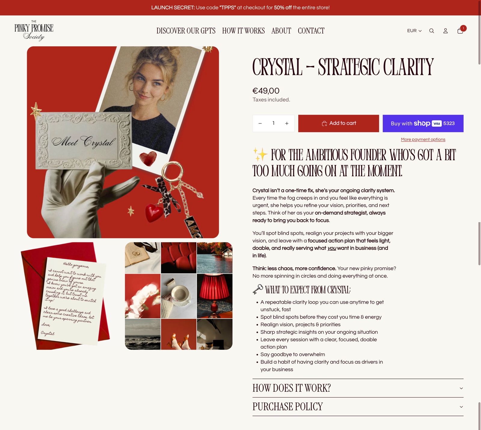 Shop page for Crystal, the Strategic Clarity custom GPT, with its red collage artwork